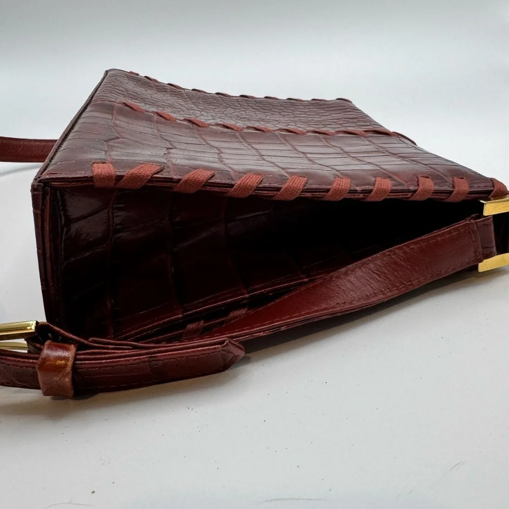 YSL Croc Embossed Whipstitch Baguette Shoulder Bag Cognac Gold Hardware - Picture 7 of 12